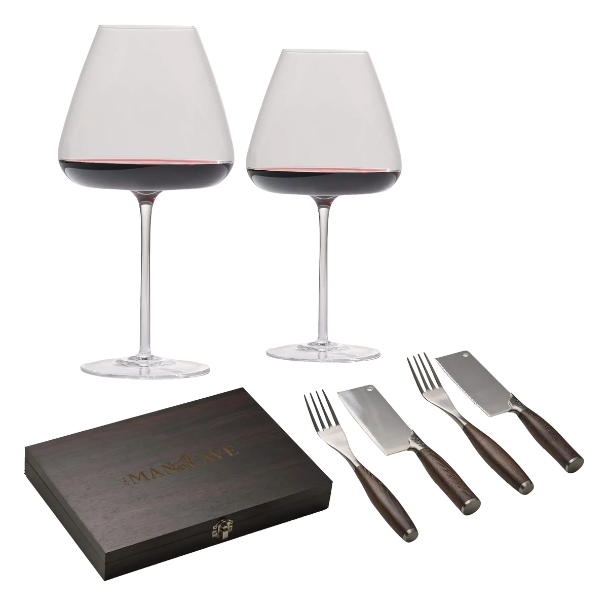 The Mancave Wild Beast Steak Set + 2 pcs. Burgundy Glasses