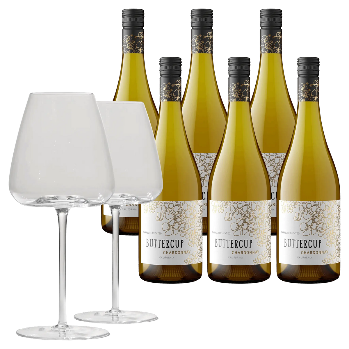 6 fl. Buttercup 2024 + 2x Brilliant Blanco Glas