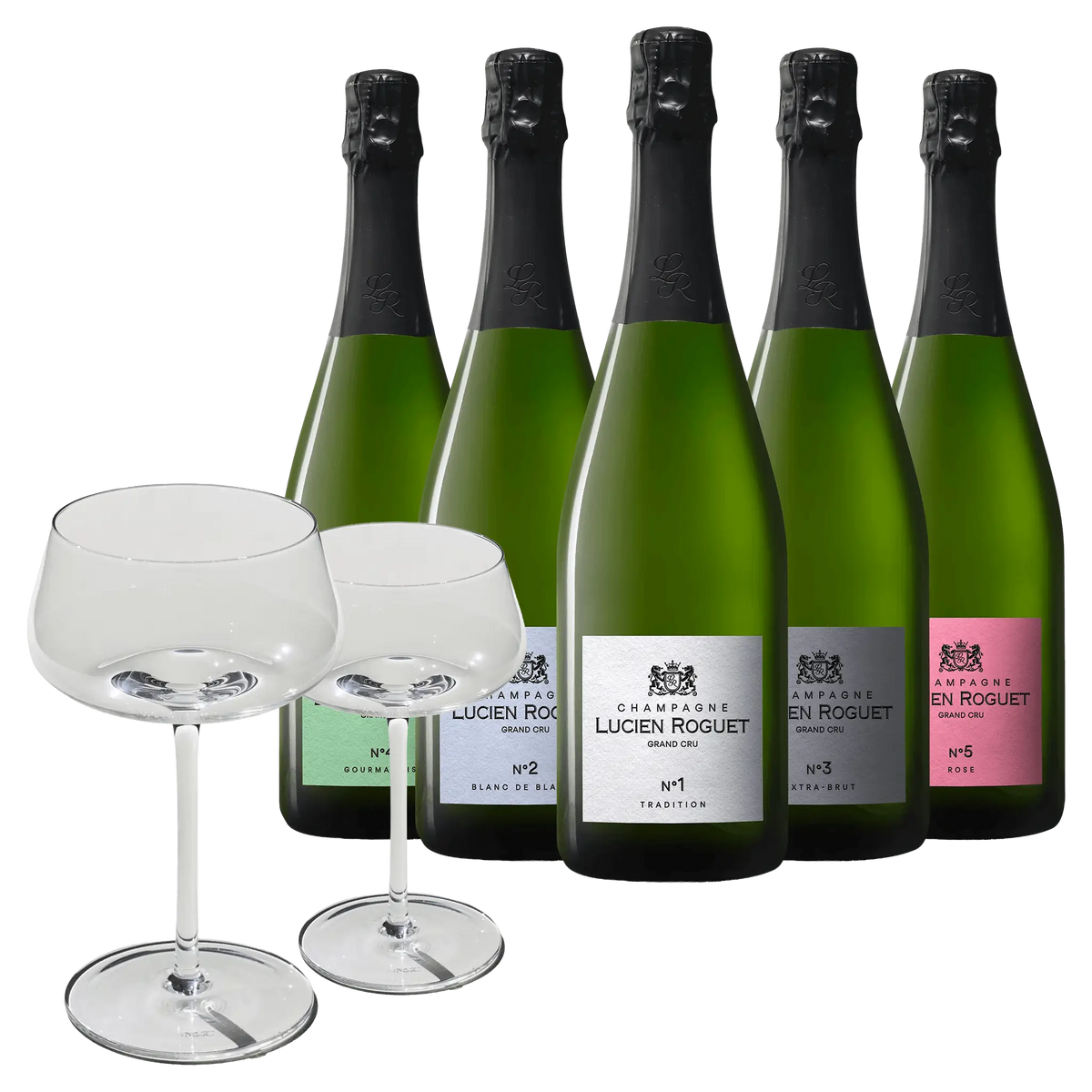 5 Fl. Lucien Roguet Champagner + 2 Beyond Bubbly Coupégläser