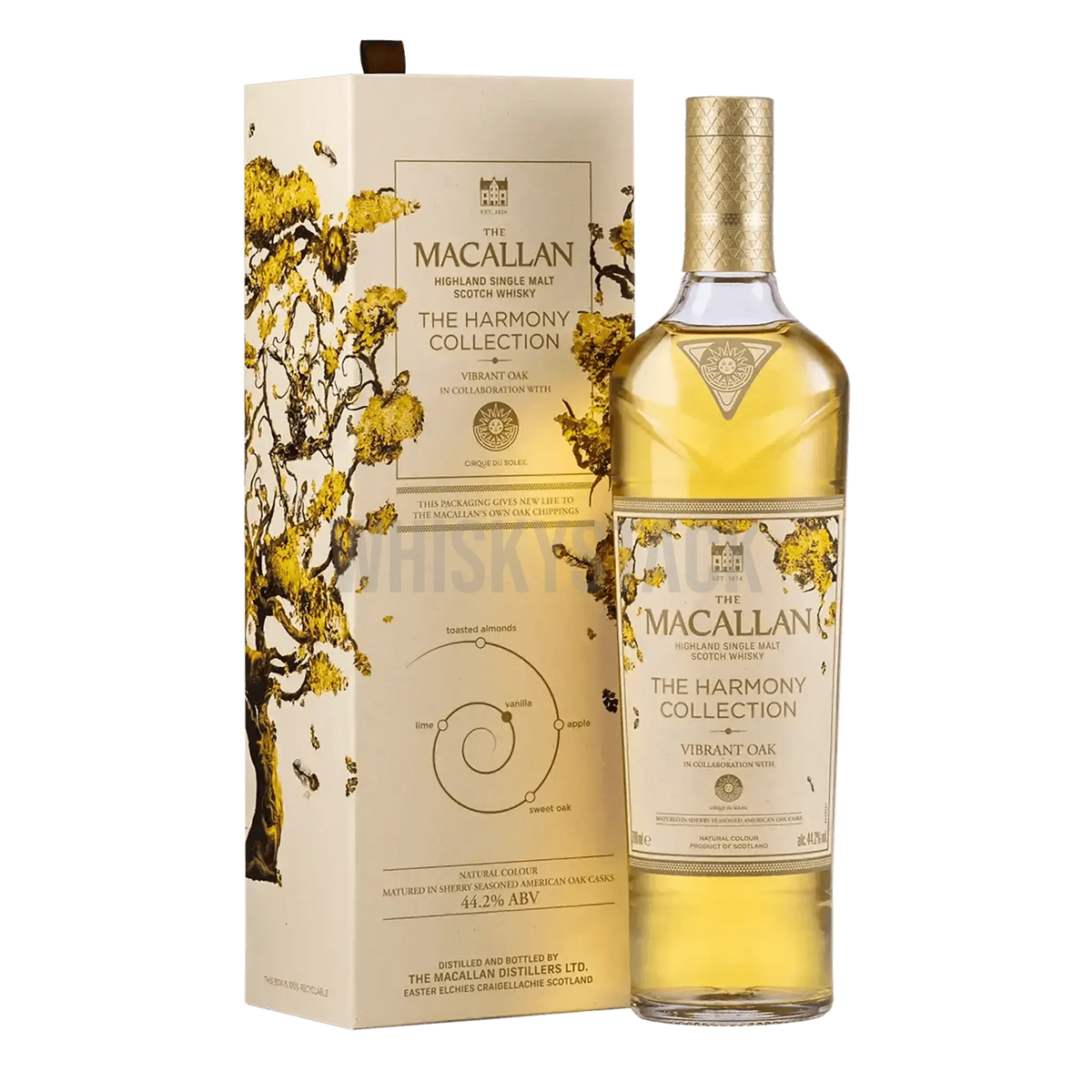 Macallan Harmony Collection Vibrant Oak whisky bottle, single malt with fruit, vanilla, spice notes.
