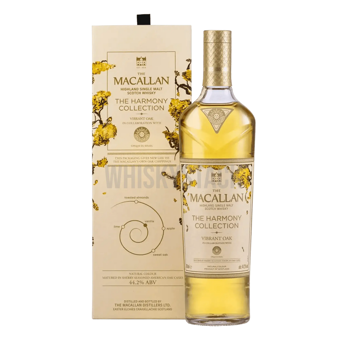 Macallan Harmony Collection Vibrant Oak whisky bottle, single malt with fruit, vanilla, spice notes.