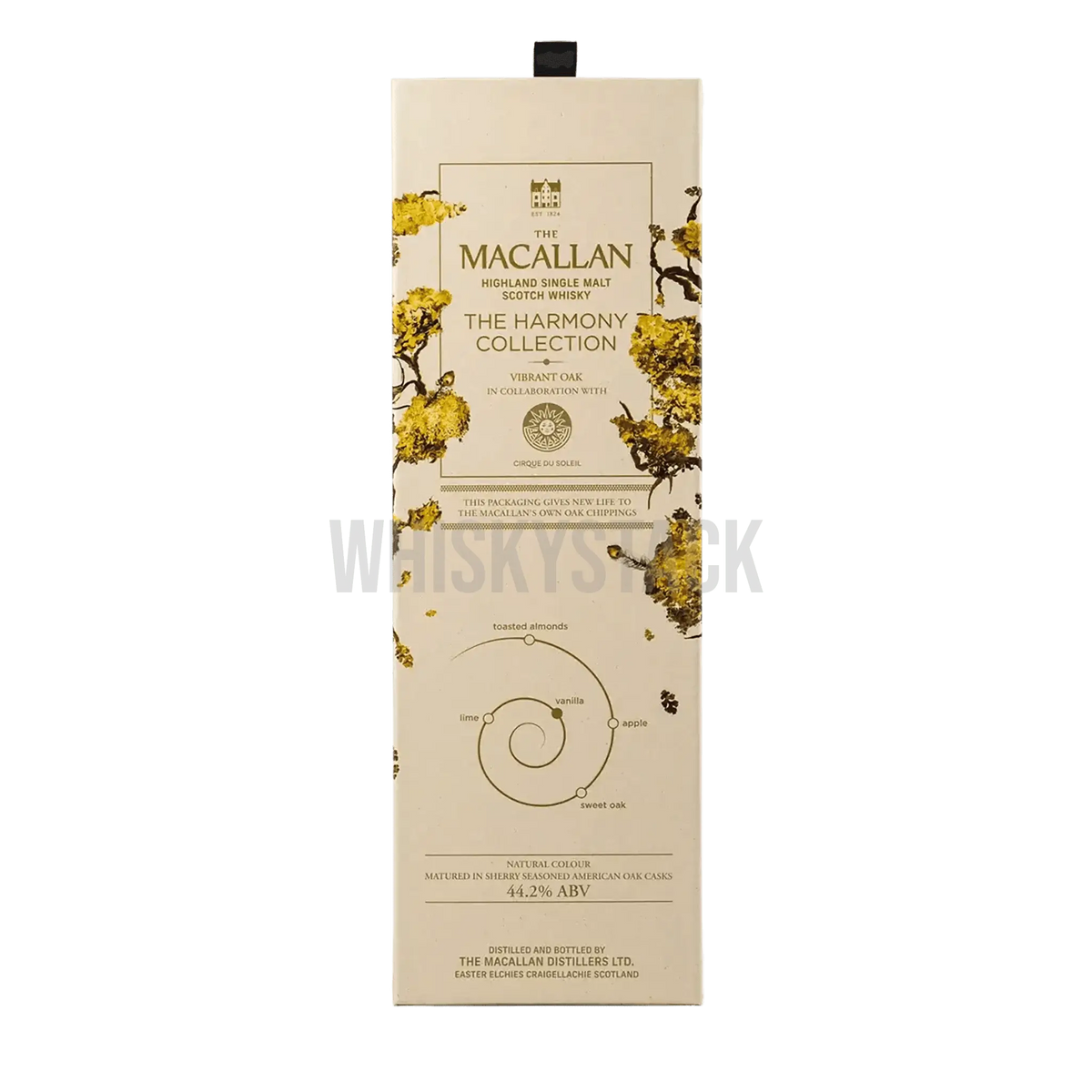 Macallan Harmony Collection Vibrant Oak whisky bottle, single malt with fruit, vanilla, spice notes.