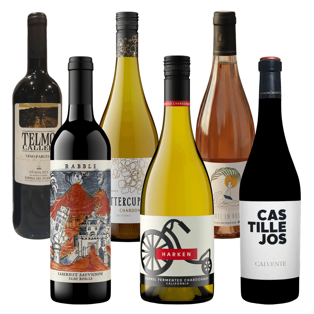 Smagspakke med La Vie en Rosé, Rabble Cabernet, Buttercup Chardonnay, Telmo Calleja, Harken & Castillejos på Whiskystack