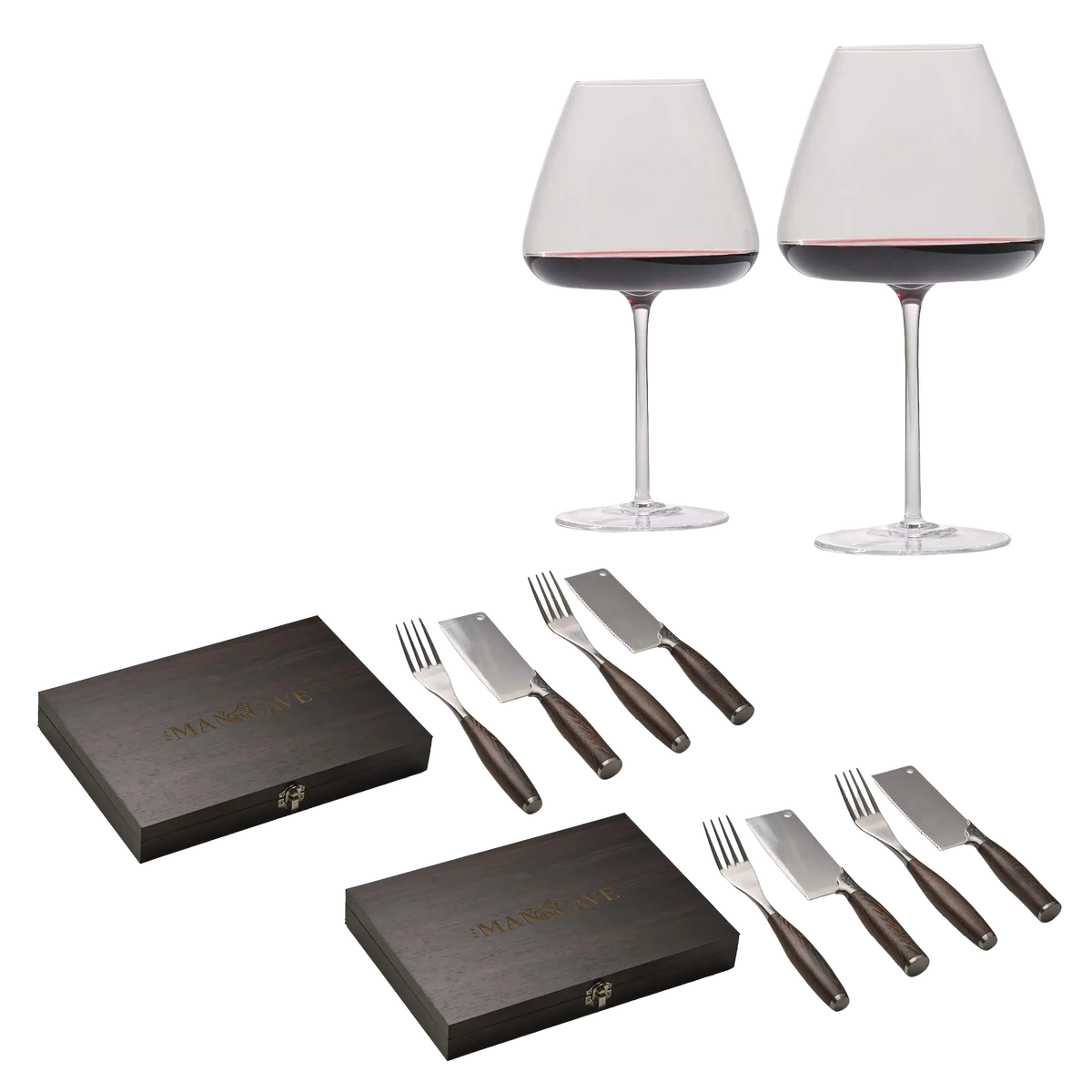 4 pcs. The Mancave Wild Beast Steak Set + 2 pcs. Bold Burgundy Glasses
