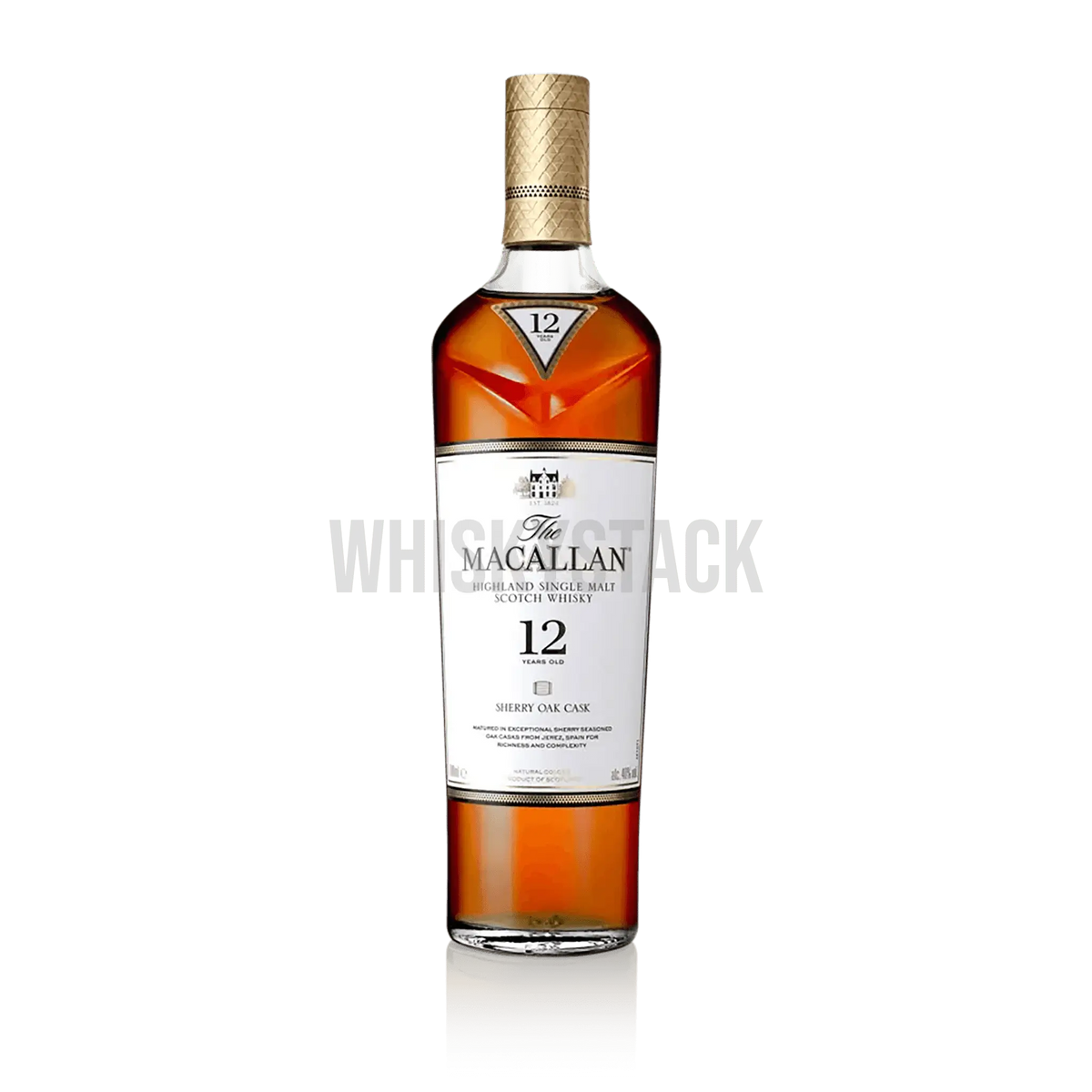 Macallan 12 Years Old Sherry Oak Whiskyflaske – Nærbillede af Macallan 12 Years Old Sherry Oak, der viser den elegante flaske og den rige ravfarve fra sherryfadslagringen.