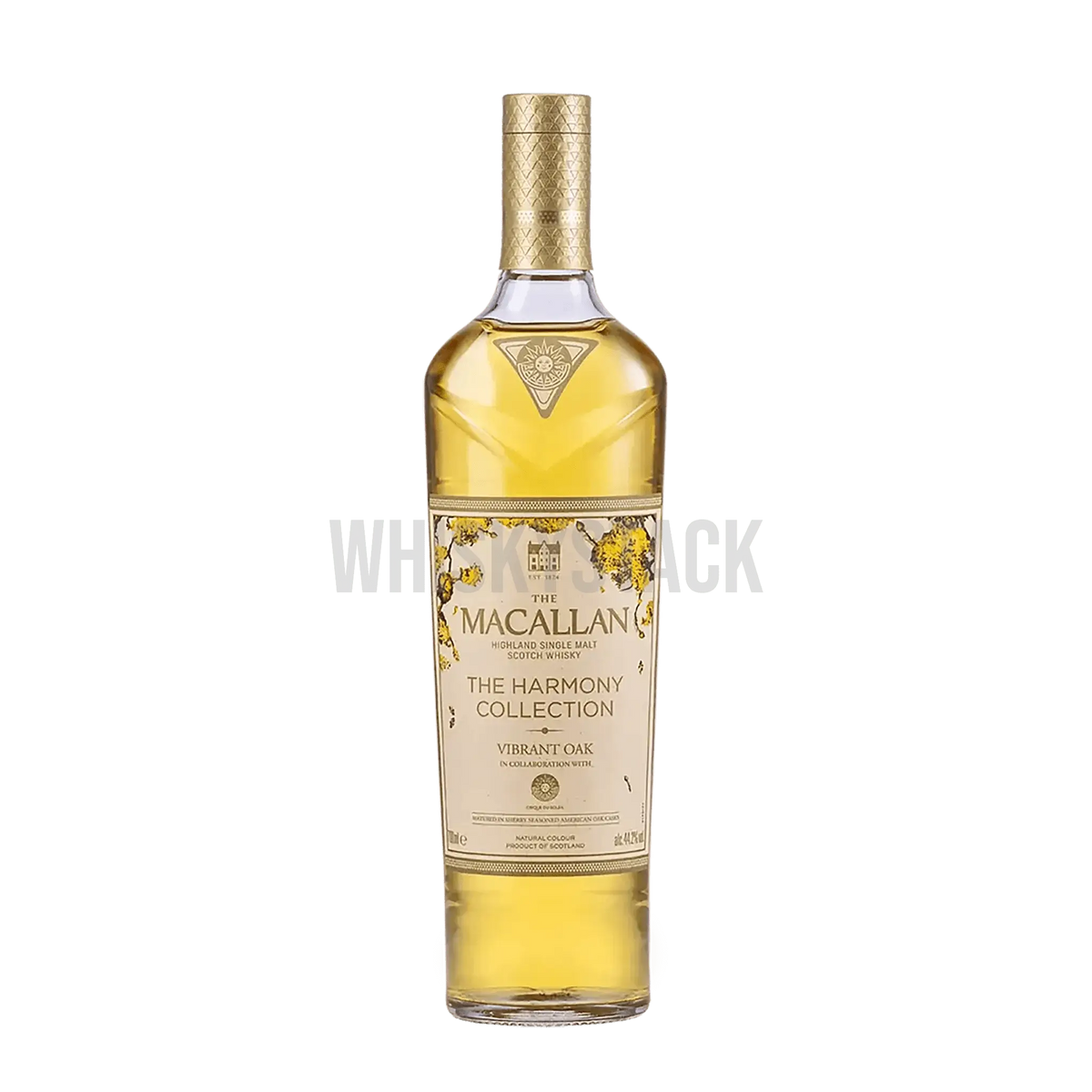 Macallan Harmony Collection Vibrant Oak whisky bottle, single malt with fruit, vanilla, spice notes.