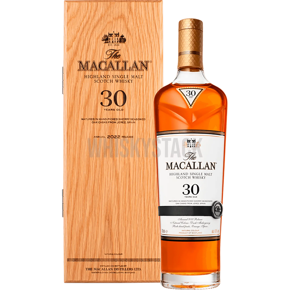  The Macallan Sherry Oak 30 Years Old præsenteret med sin karakteristiske dybe mahognifarve og elegant etiket, symboliserende dens rige og komplekse smagsprofil modnet i sherryfade.