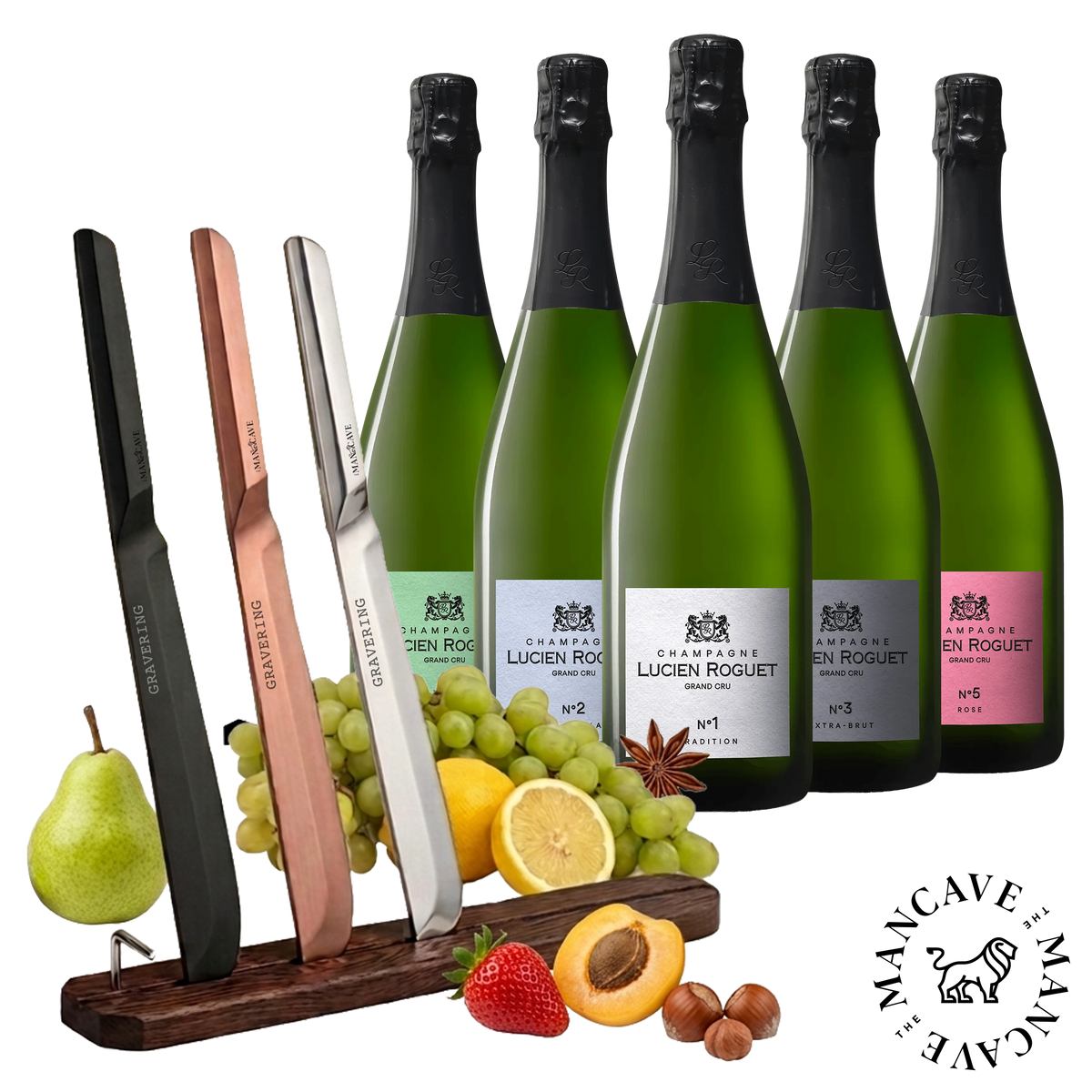 Lucien Roguet Grand Cru Champagne Probierpaket (5 Fl.) + GRATIS Royal Champagnersäbel