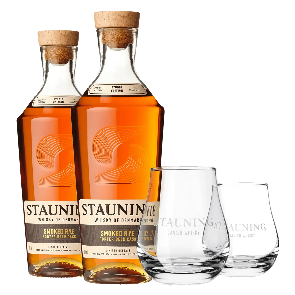 2 fl. Stauning Smoked R.Y.E. Porter Beer Cask + 2 stk. Stauning Whiskyglas